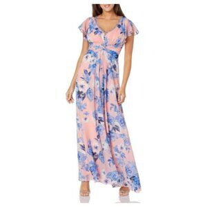 Eliza J  Gown Style Twist Waist Chiffon Flutter Sleeve Beaded V-Neck Dress 4P